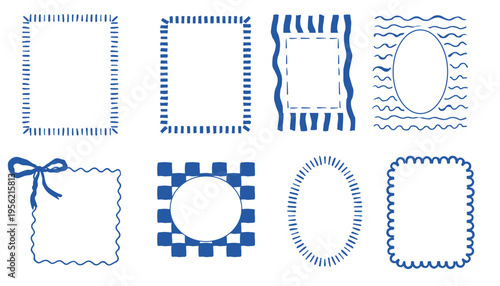 Obraz na płótnie Coastal blue frame, whimsical sketch hand drawn borders set