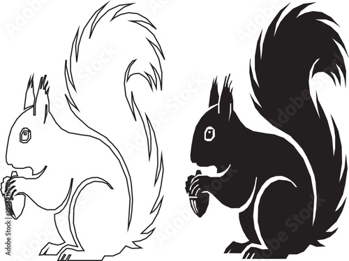 A vector illustration featuring two squirrels in profile, one as a black outline and the other as a solid black silhouette, both holding a small acorn with their paws.