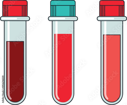 Blood Test Tube Vector Set Featuring Medical Sample Vials with Different Levels of Red Liquid for Healthcare Laboratory Research Flat Illustration Collection