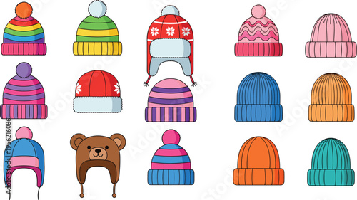 Colorful winter hat collection vector illustration with knitted beanie caps pompom styles warm clothing icons set for fashion design branding seasonal graphics
