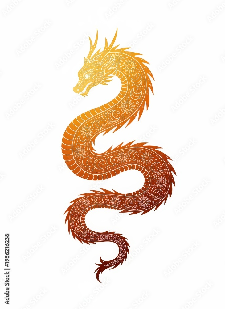Fototapeta premium Golden Chinese dragon illustration with intricate floral patterns, traditional oriental serpent silhouette, mythical creature graphic on white background