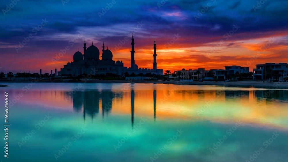 Naklejka premium Silhouette of the Sheikh Zayed Grand Mosque reflected beautifully in tranquil turquoise water during a dramatic orange and purple sunset