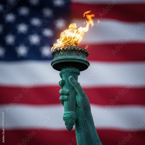 Statue of Liberty torch with burning flame, patriotic American flag background, symbol of freedom and democracy for Independence Day