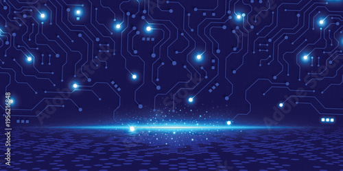 Futuristic blue circuit board technology background with glowing digital network, data connections and virtual tech horizon