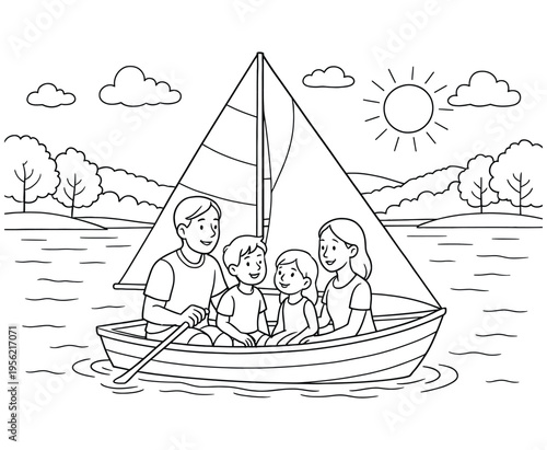 Family sailing on lake on sunny day with trees and mountains in background coloring page