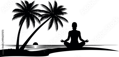 Serene meditation by the tranquil beach under palm trees at sunset