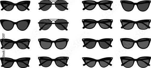 Stylish sunglasses collection vector illustration featuring modern eyewear frames set with trendy fashion shades for summer accessories branding retail display and optical design projects