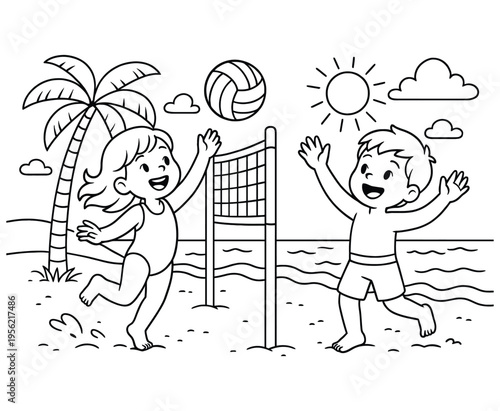 Beach volleyball game for kids coloring book vector with boy and girl playing by the ocean