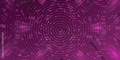 Pink purple circular digital dots and speed lines, futuristic neon technology HUD interface abstract sci fi background