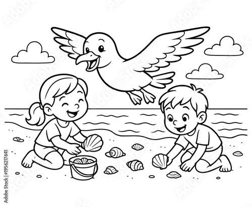 Two children collecting seashells on beach with flying seagull coloring page line art