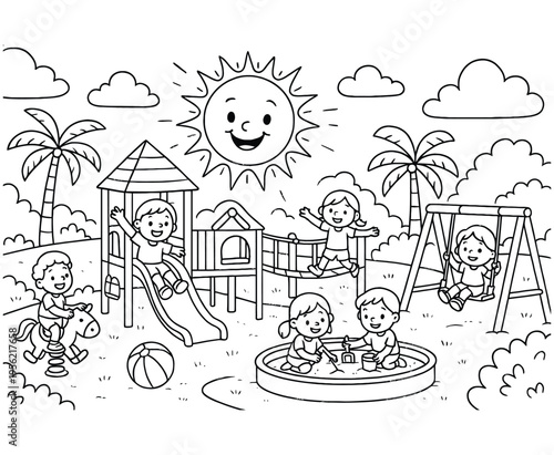 Children playing on sunny playground with slides swings and sandbox outdoor fun