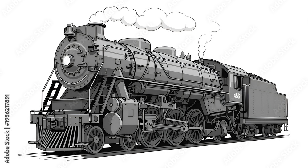 Fototapeta premium Vintage Steam Locomotive Train, Black and White Illustration, Retro Transport Icon