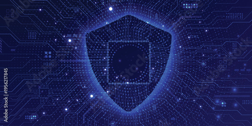 Blue cyber security shield on digital circuit board background, futuristic data protection and network firewall technology concept