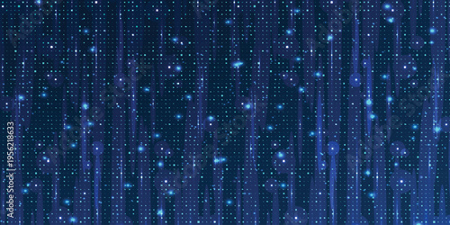  Blue digital rain of glowing squares and lines, abstract data stream matrix background, futuristic technology concept