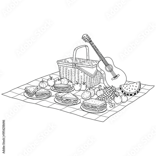Picnic scene with guitar and assorted food items on a checkered cloth.