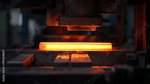 Close up of glowing hot metal bar undergoing industrial forging process Industry