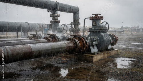 Rainsoaked pipelines and pumps at an outdoor bauxite slurry pumping station showcasing weatherresistant infrastructure in action during wet conditions.