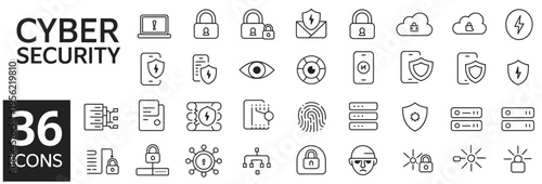 36 cyber security icons illustrating digital threats, protection, and data privacy.