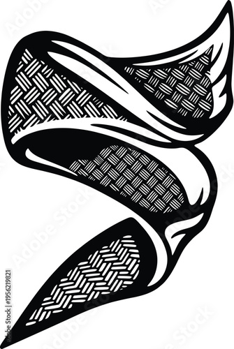 Elegant abstract graphic element: a dynamic black and white swirling ribbon with intricate woven texture.