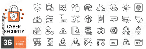 Cyber security icons featuring locks, shields, and data protection for online safety.