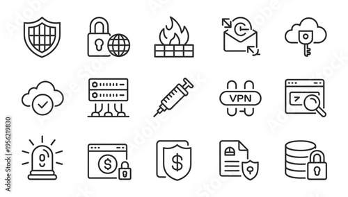 Cyber security icons for network defense, data encryption, and secure access.