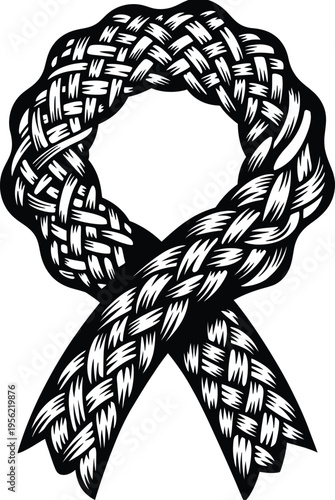 Intricate black and white braided ribbon loop and knot, a detailed graphic vector for awareness and textured design.