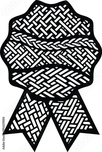 Intricate black and white woven award badge illustration with braided texture, a versatile graphic design element for.