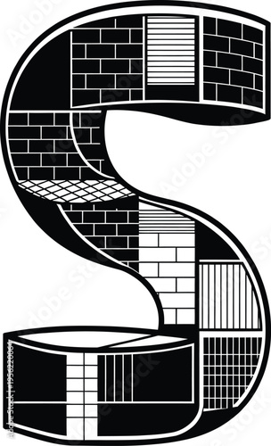 Stylish S letter with diverse architectural patterns, illustrating building materials and construction design concepts.