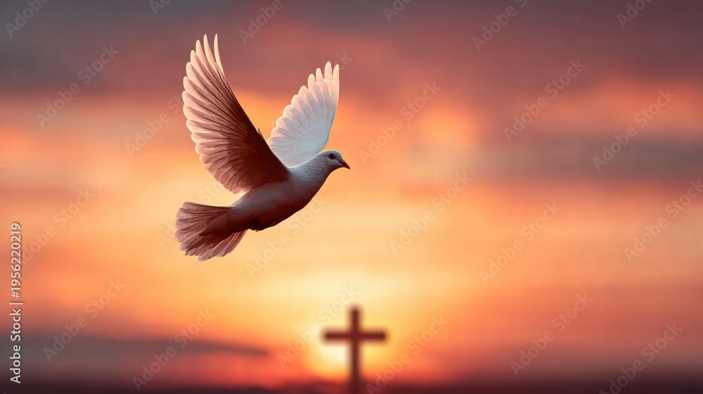 Fototapeta premium Dove in Flight at Sunset with Cross