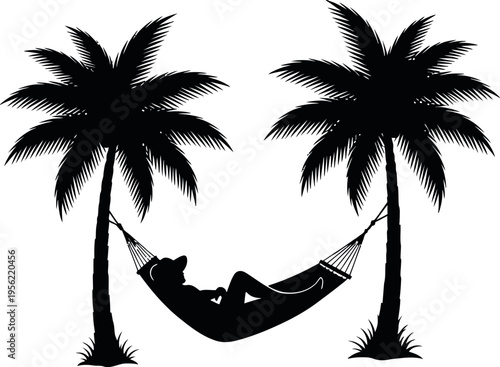 Relaxing hammock swing between two palm trees under a peaceful sky