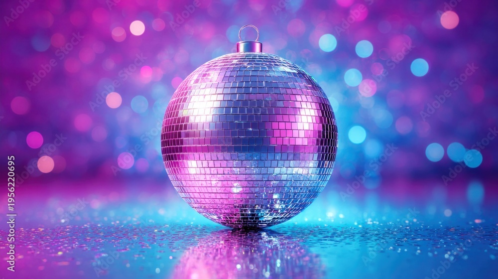 Obraz premium Sparkling disco ball reflecting vibrant pink and blue lights on a glittery surface