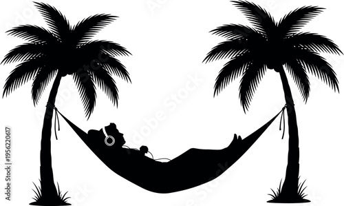 Relaxing in a hammock between two palm trees on a sunny day