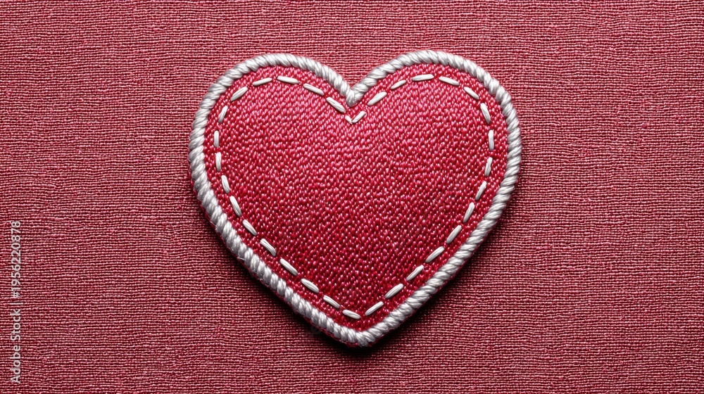 Obraz premium Close-up of a red fabric heart with white stitching on a textured red background