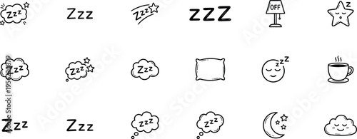 sleep and bedtime outline icons set, zzz symbols pillow moon star sleeping face lamp and night rest elements vector illustration isolated on transparent background