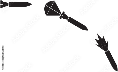 Missile Flying, Parachuting, and Firing Vector Silhouette Illustration