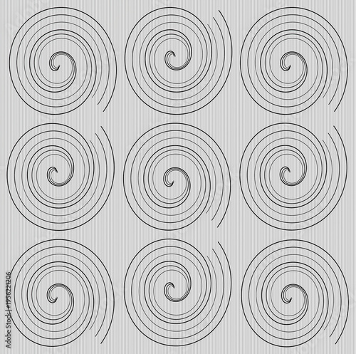 Seamless spiral pattern with repeating circular line shapes on striped background, minimalist geometric design with rhythmic and modern visual flow.