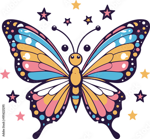 Whimsical butterfly sticker design with spiral wing decorations and tiny star accents, friendly cartoon insect mascot, smooth geometric shapes, bold contour lines, modern vector illustration 2