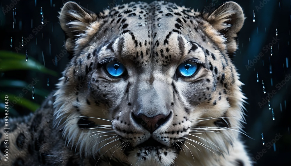Fototapeta premium Majestic snow leopard portrait with glowing blue eyes in the rain, extreme close-up of wild cat face with water droplets, photorealistic nature photography, 8k resolution