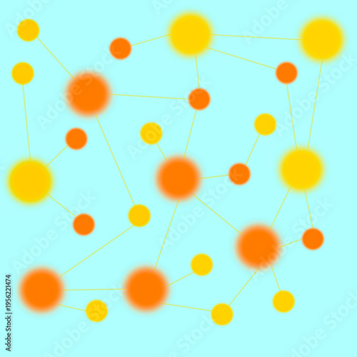 Abstract network of connected glowing circles in yellow and orange on blue background, representing communication, data flow and digital connections in modern design.