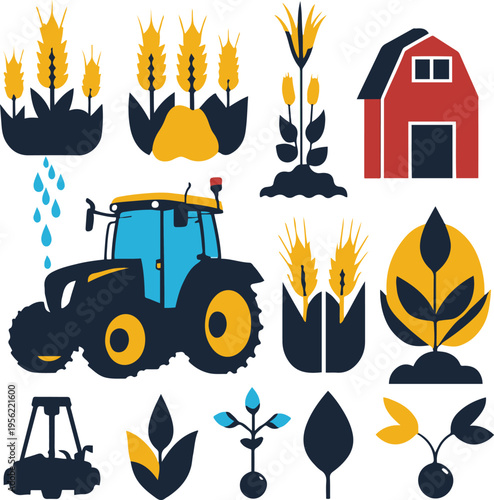 Modern agriculture color icon set including tractor, wheat plant, irrigation sprinkler, barn and leaf sprout symbols, simple flat vector icons, vibrant farming colors, clean design isolated on white 2
