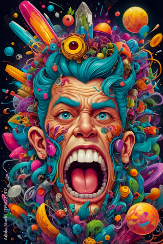 Surreal vibrant portrait of a screaming man with chaotic colorful elements emerging from his head, expressing intense emotion, creativity and mental overload.