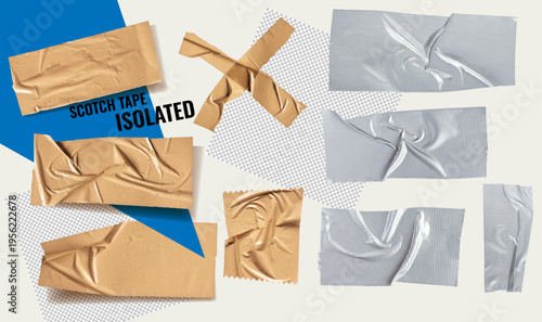 Silver and brown adhesive tape pieces with realistic texture and detailed wrinkles set. Crumpled, torn sticky strips with grey metallic shine. Plastic tape vector on white background for design use.