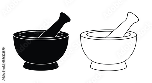 Two mortar and pestle illustrations in contrasting styles a silhouette