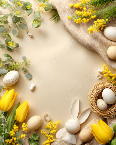 Easter celebration scene with flowers and eggs on table spring horizontal view