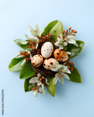 Spring nesting quail eggs surrounded by flowers studio focus