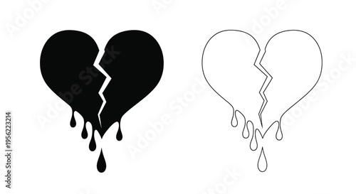 Two broken hearts one solid black and one outlined silhouette