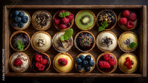 Artful Miniature Desserts Arrayed on Wooden