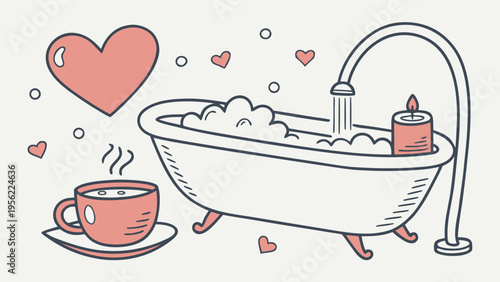 Cozy Self-Care Mockup A Relaxing Bath with Coffee and Heart Decorations for a Peaceful Atmosphere