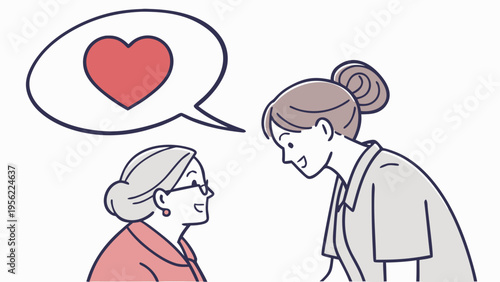 A heart symbol in a speech bubble above an elderly woman's head, symbolizing love, while a younger woman looks on attentively, with a gentle smile, in this heartwarming illustration mockup