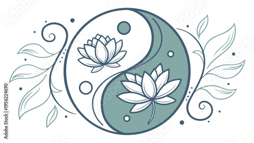 Elegant Yin Yang Symbol with Lotus Flowers and Swirls Mockup Illustration